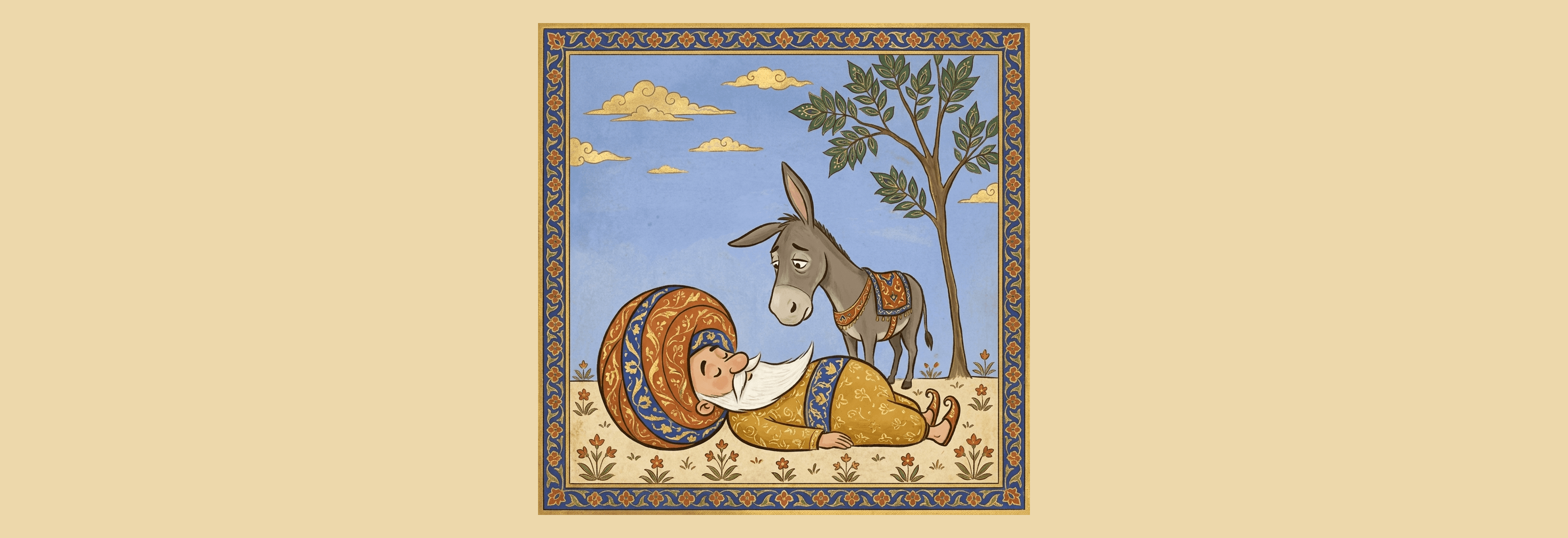 A single Persian miniature panel in the lacquer tradition, centred on a parchment ground. Afandi in a saffron robe sits on a small grey donkey facing its tail, one hand resting on the animal's rump, gazing calmly back down a road bordered by stylised tulips and a lapis sky.
