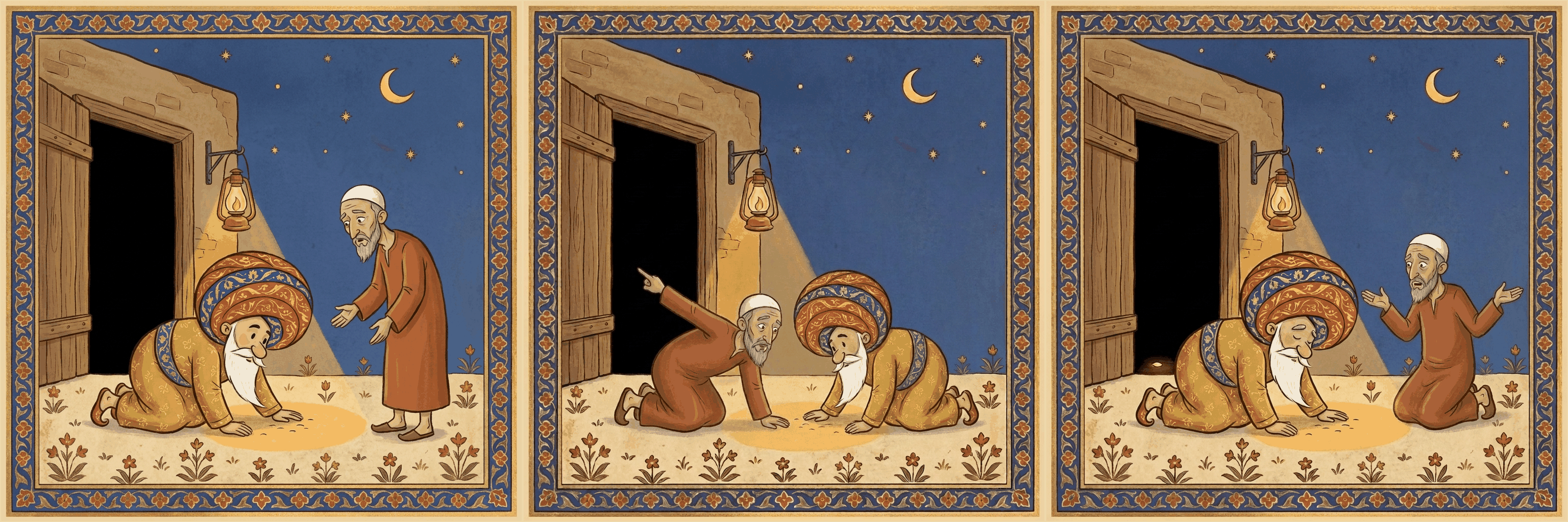 Panel 1: night lane, an oil lantern on the house wall lighting one small patch of earth; Afandi crawls in it while a neighbour stands at the edge, hands open. Panel 2: both men on all fours in the same bright patch, the neighbour's arm flung out toward the black open doorway behind them. Panel 3: the neighbour sits back on his heels, arms wide; Afandi pats the lit ground on, untroubled.