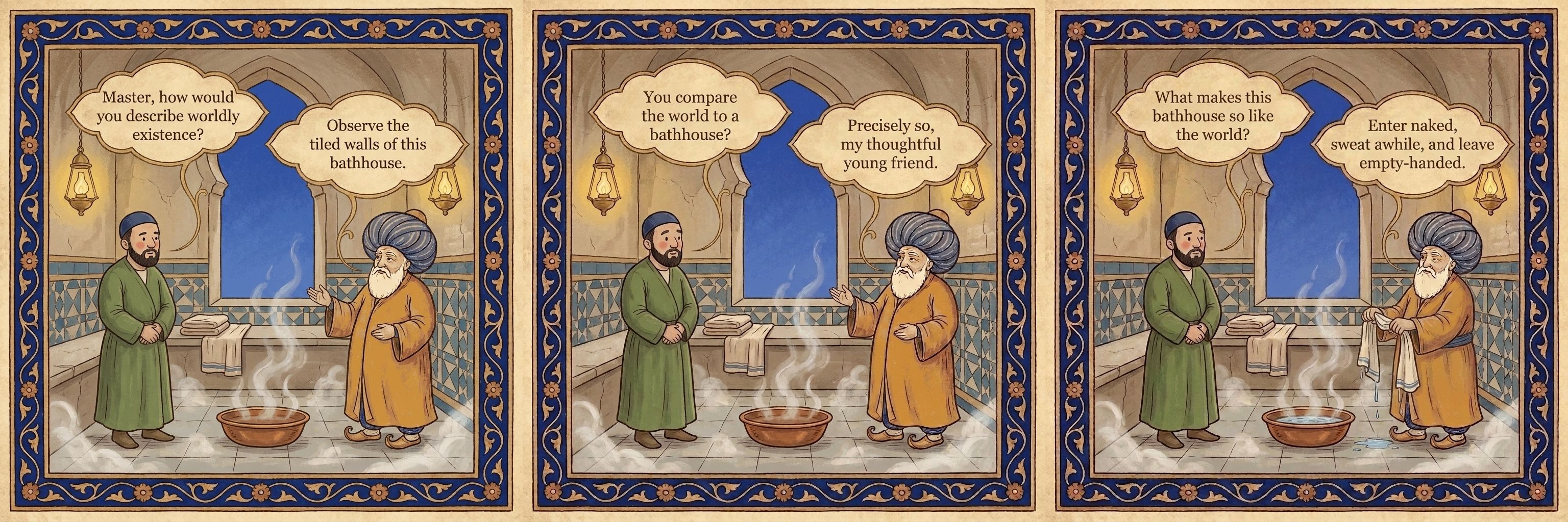 In a tiled bathhouse, a green-robed disciple questions Afandi beside a stone bench. Afandi gestures toward steam and folded garments. Wringing a linen towel over a basin, he describes arriving naked and leaving empty-handed.