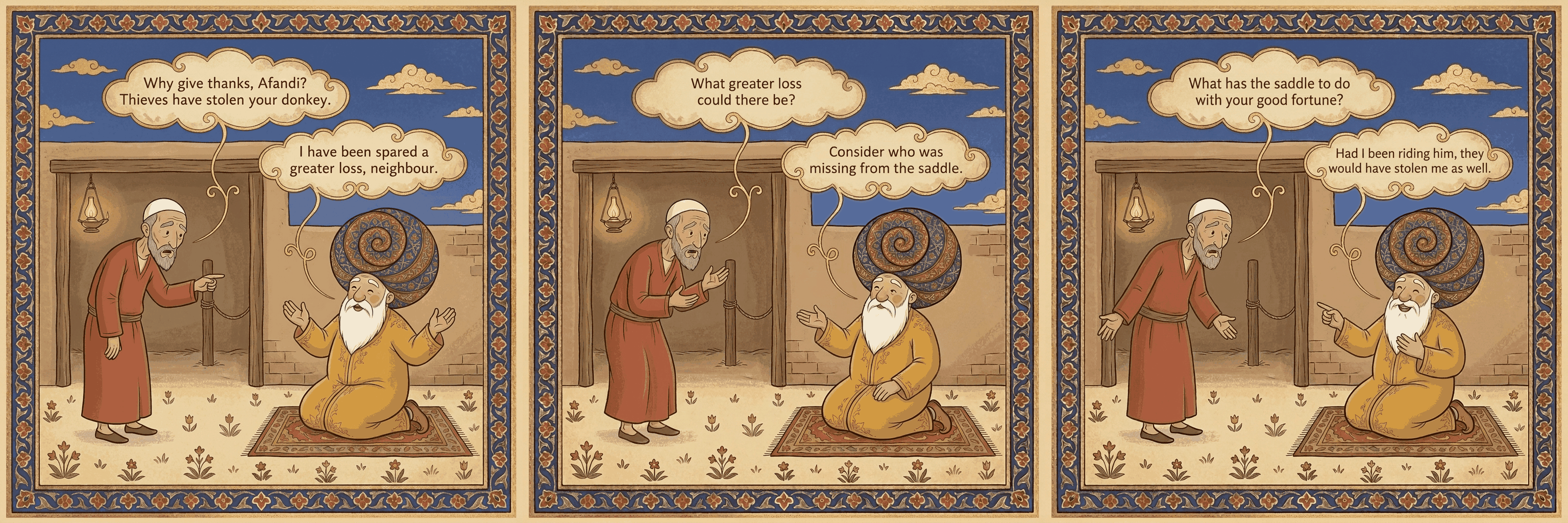 At a courtyard gate, a terracotta-robed neighbour points into an empty stable while Afandi raises grateful palms. The neighbour questions him beside the vacant tether. Afandi points to himself and the empty stall, smiling at having escaped theft along with his donkey.